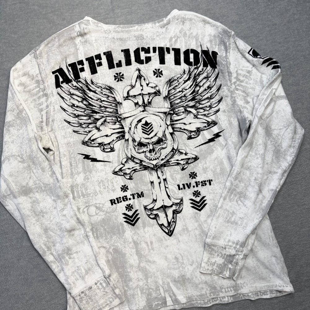 Affliction Shirt Mens XL White Gray Waffle Thermal Gothic Wings Skull Cross Y2K